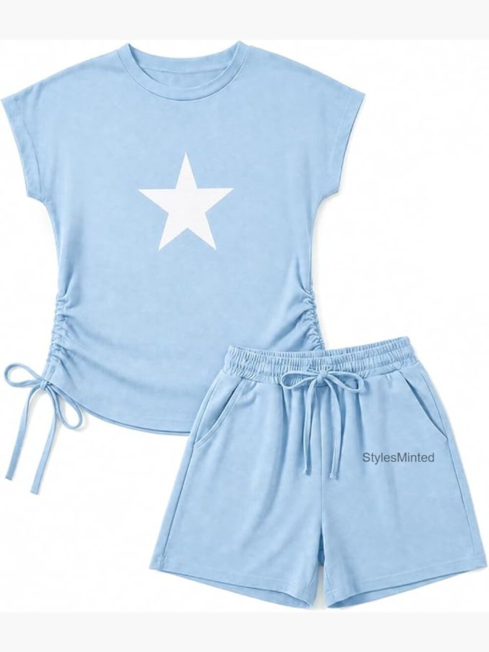 Girls Two Piece Short Set Star Pattern Ruched Drawstring 7-14 Years